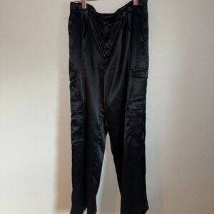A New Day Cargo Wide Leg Silk Pants Women Size 12 High rise Pleated Front Zipper